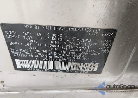 2016 Subaru Outback 2.5I Limited from USA, damaged, VIN 4S4BSBJCXG3314797